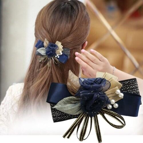 Vintage Court Fabric Hair Clip Women Sweet Bowknot Flower Barrettes Pearl Spring Clip Black Blue All Match Hairpin Lady Headwear