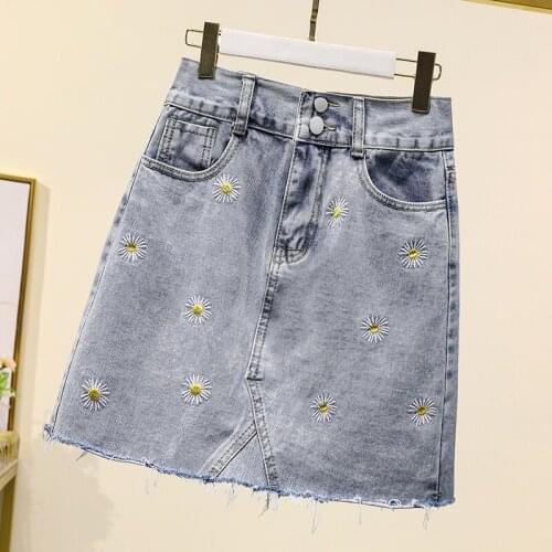 Women Mini Vintage Daisy Embroidery Skinny A-line Denim Skirts Female Plus Size High Waist College Style Short Jean Skirt Summer