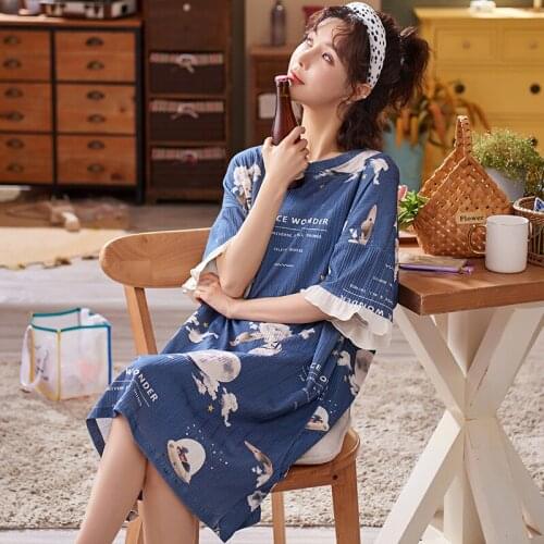 Fashion Leisure Cute Printing Cotton Women Pajama Round Neck A Loose Knee-Length Long Skirt XXL Large Size Home Wear Nightwear
