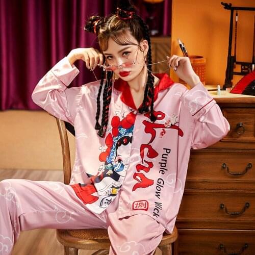 Women Sleepwear Summer Pajamas Chinoiserie Sexy Pajama Set Plus Size The Tide High Quality Imitated Silk Fabric Cartoon