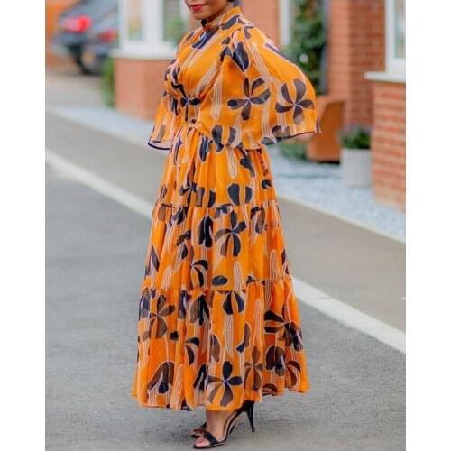 RMSFE 2021 Womens Long Sleeve Fashion Large Pullover Temperament Commuter High Waist Printed Cotton Yellow Dress