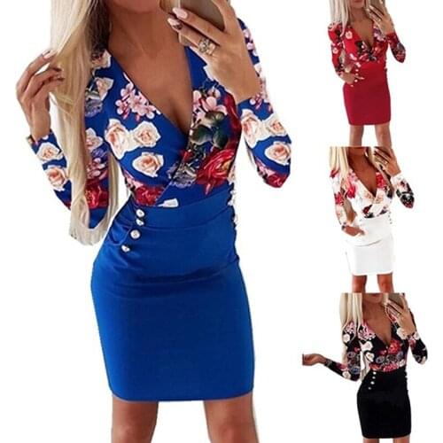 Women Streetwear Bodycon Dress Patchwork Design Button Decor V-Neck Long Sleeve Flower Print Lady Slim Mini Dress