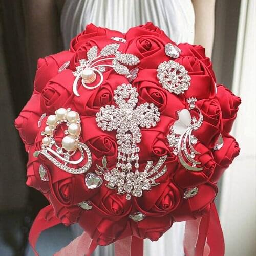 1pc/lot Red wedding bride holding flowers artificial bouquet ribbon rhinestone pearl bouquet decoration bride groom dance