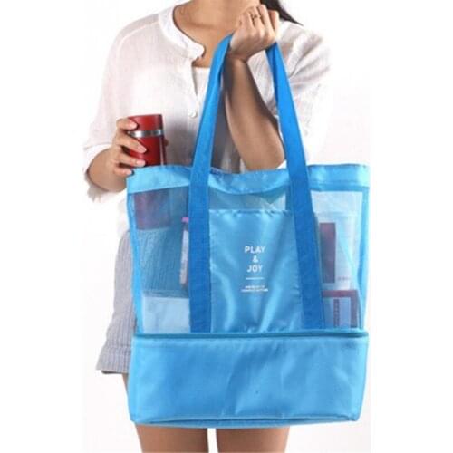 2 In 1 Women Large Mesh Beach Shopping Bag Transparent Double-layer Insulation Picnic Oxford Cloth Bag Holiday Park Sports Bags