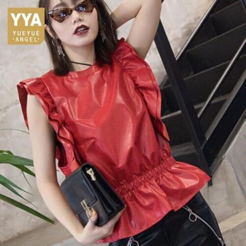 2020 Summer Women Tank Vests Sexy Hollow Out Sleeveless Vest Women Sheepskin Genuine Leather Ruffles Waistcoat Falbala Vest Tops