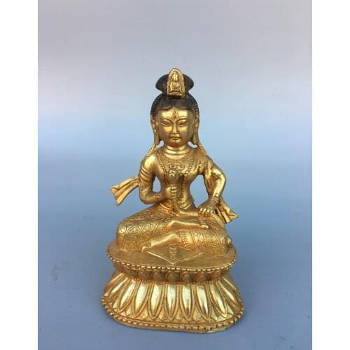 10" Tibet Buddhism Temple Old Bronze Gilt Guanyin Bodhisattva Statue Avalokitesvara Amitabha Enshrine the Buddha