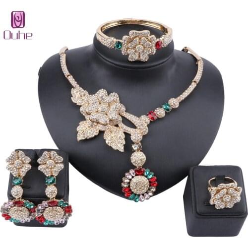 African Jewelry Charm Crystal Necklace Earrings Dubai Gold Jewelry Sets for Women Wedding Bridal Bracelet Ring Jewelry Set
