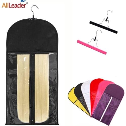 Alileader Nonwoven Dustproof Storage Case Portable Hair Bag With Extension Wooden Double Anti-Slip Hanger For Human Hair Bundles