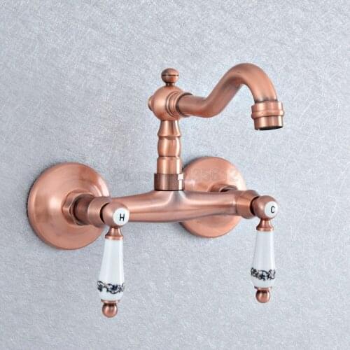 Antique Red Copper Bathroom Kitchen Sink Faucet Mixer Tap Swivel Spout Wall Mounted Double Handles tsf893