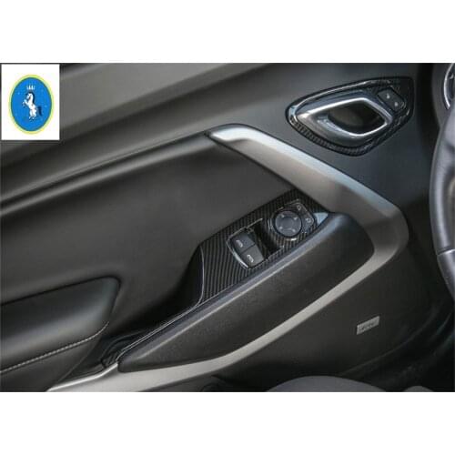 Yimaautotrims Auto Accessory Inner Armrest Window Glass Lift Button Cover Trim For Chevrolet Camaro 2016 - 2019 ABS Carbon Fiber