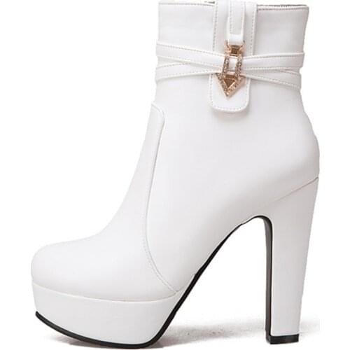 White Ankle Boots Women Platform Short Boots Shoes Fashion Buckle High Heels Yellow Autumn Winter Womens Ankle Boots Large Size
