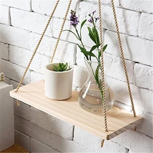 Wall hanging sling Rack Flower Pot Stand Wood Swing Hanging Rope Wall Mounted Floating Vintage Design Plant Picture Frame Book