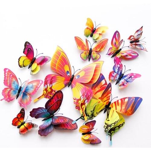 12Pcs/Pack Double-layer simulation 3D stereo Butterfly Wall Sticker for decoration Magnet Fridge/living room walls stickers
