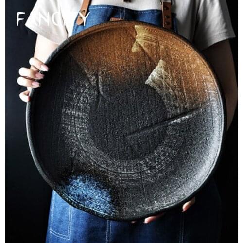 FANCITY Japanese retro large plate round western food plate fish plate home restaurant hotel ceramic large disc set plate