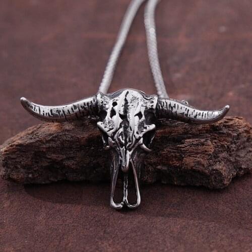 Gothic Bull Skull Pendant Necklace For Men Women Fashion Stainless Steel Animal Skeleton Necklace Punk Biker Jewelry Wholesale