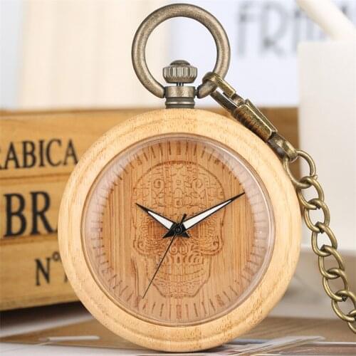 Natural Bamboo Pocket Watch Engraving Flower Skull Dial Bronze Fob Pendant Wooden Timepiece Luminous Hands Display Quartz Watch