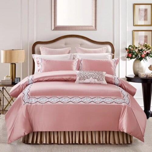 4pcs Queen King Luxury Royal Bedding Set 100S Egyptian Cotton 500TC Silky Bed sheet set Embroidery Duvet cover Pillowcase pink