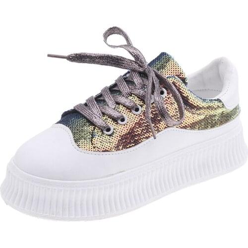 2020 Spring Summer Autumn Women Fashion Sneakers Female Casual Shoes Platform Bling Shine Leather Classic Cotton Lace Up Shoes