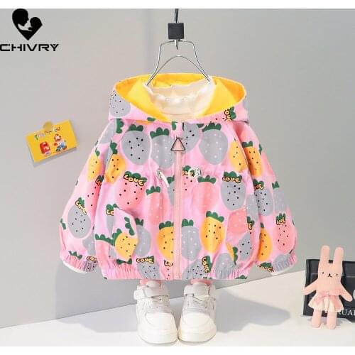 New 2021 Autumn Baby Girls Coat Kids Cute Cartoon Pineapple Print Windbreaker Outerwear Fashion Hooded Zipper Jackets Clothing