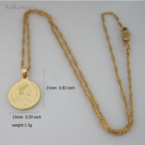 ORDER 10$ SHIP WITH TRACKING / YELLOW GOLD GP 18" WATER WAVE NECKLACE & QUEEN ELIZABETH TWO DOS PESOS COIN ROUND SHAPE PENDANT