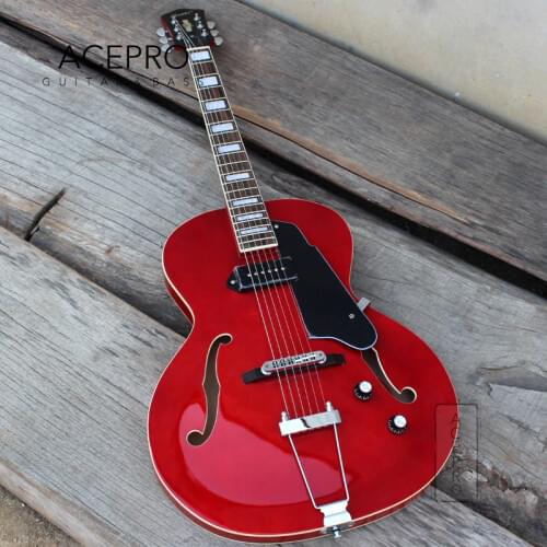 Grote Full Hollow Body Electric Guitar F holes Transparent Red color Maple body Chrome Hardware Black P90 Pickup