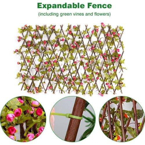 S/M Wooden Hedge with Two Colors Buds Leaves Garden Decoration Screening Expanding Trellis Privacy Screen Solid Wood Fence