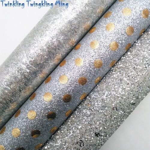 Silver Chunky Glitter Leather, Gold Dots Printed Glitter Fabric Sheets For Bow 21x29CM Twinkling Ming KM444