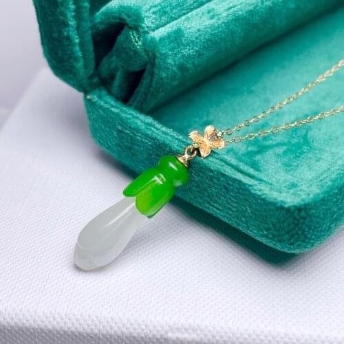 SHILOVEM 18k YELLOW gold real Natural green Jasper pendants classic fine Jewelry women none necklace plant 8*25mm mymz08256641hb
