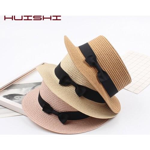 HUISHI Hats For Women Straw Colorful Bowtie Beige Sun Hat Panama Flat Top Straw Parent-child Sunhat Ladies Girl Beach Summer Cap