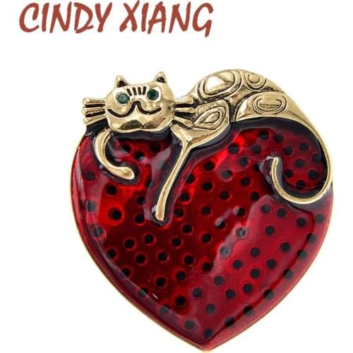 CINDY XIANG New Arrival Vintage Hear And Cat Brooches For Women Green Eye Kitty Pin Brooch 2 Colors Available Retro Design Gift