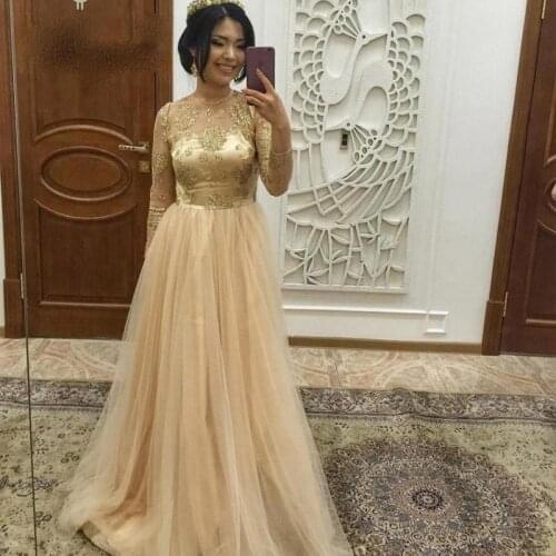 Champagne Muslim Evening Dress Gold Lace Full Sleeve Plus vestido de festa Islamic Dubai Saudi Arabic Evening Gown Prom Dress