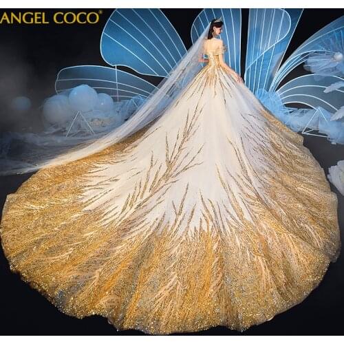 Gorgeous Dubai Sexy Golden Luxury Wedding Dresses 2020 Sequined Off Shoulder Wedding Gowns Bridal Dress Bride Custom Made Boda