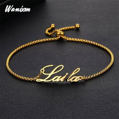 Wanixm Customized Name Bracelet Women Gold Stainless Steel Adjustable Stretch Arabic Letter Personalized Bracelets Jewelry Gifts