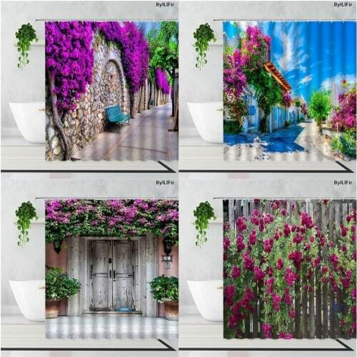 Purple Flowers Garden Street View Shower Curtains Retro Wooden Door Rose Fence Home Decor Background Bathroom Bath Curtain Sets