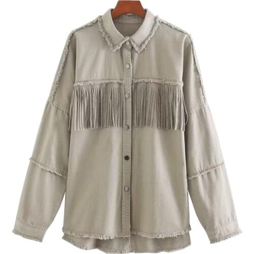 2021 Spring Ladies Jacket Fringed Decoration Lapel Long-sleeved Denim Jacket Damaged Hem Female Fashion Streetwear Crop Jacket