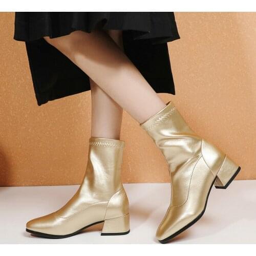 Spring Autumn Women Elastic Ankle Boots Artificial Elastic PU Ladies Western Boots Simple Casual Winter Boots Large Size 34-43