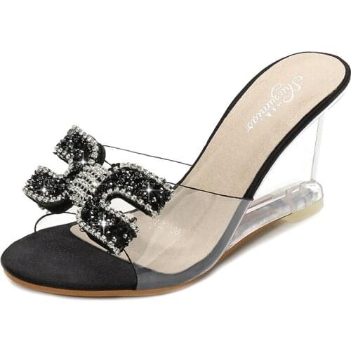 Women Slippers Transparent Wedge Sandals Ladies Shoes Summer Sexy Crystal High-Heeled 8CM Female Slippers Rhinestone Beach Shoes