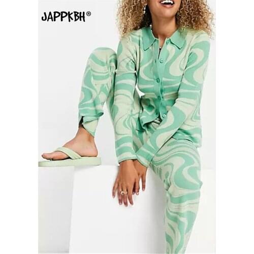 Y2k Trousers Suit Women 2021 Autumn Winter Corrugated Single-breasted Long Sleeve Cardigan Knitted Straight Pants Suit Fashion