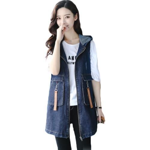 Fashion 2018 Spring Autumn Girls Casual Loose Large Size Cowboy Vest Jackets Embroidery Hooded Long Coats Women Jackets A344