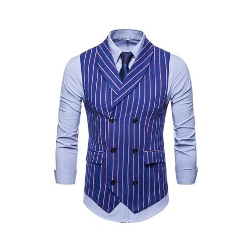 Blue Striped Double-breasted Waistcoat Men 2020 Vintage Formal Dress Suit Vest Fall Spring Wedding Mens Waistcoats Plus Size