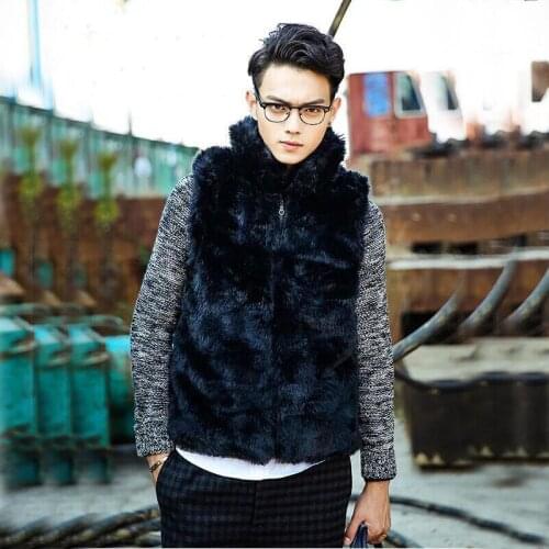 Winter new men fashion faux rabbit fur vest Mandarin collar black luxury zipper leather jackets mink waistcoats colete masculino