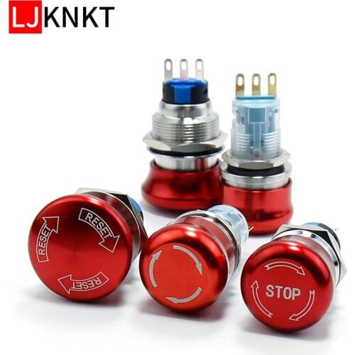 5pcs 16mm 19mm Emergency Stop Button Switch Waterproof Mushroom Metal Push 1NO1NC