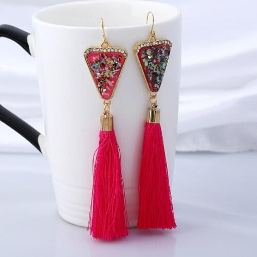 Bohemia Colorfully Acrylic Triangle Fringe Earrings for Women Rhinestone Hanging Drops Tassel Earrings Bridal Wedding Jewelry