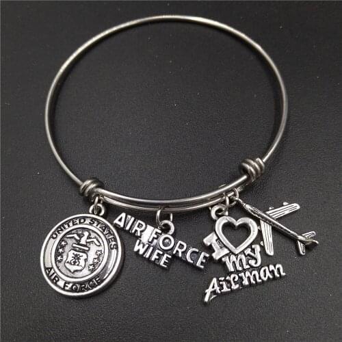 64mm Diameter America Military Medal Air Force Wife Charm Stainless Steel Adjustable Wire Bangles Bracelets Bulk Lots Jewelry
