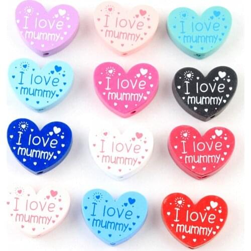 DIY 10pcs (I love mummy) Heart-Shaped Wooden Beads For Jewelry making Pacifier Clip Spacer Beads