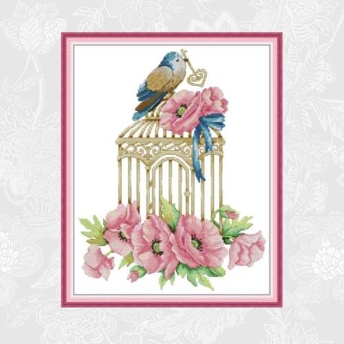 Joy Sunday Handmade Crafts Home Decor, Embroidery Needlework Set, Birdcage and Flowers Aida Print On Canvas Cross Stitch kits