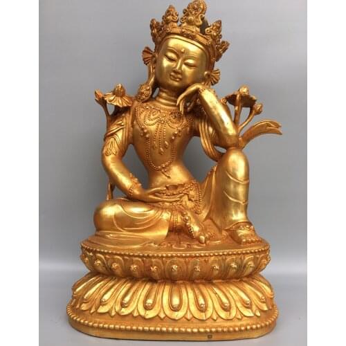 19"Chinese Folk Collection Old Bronze Gilt Green Tara Bodhisattva Lotus Terrace Sitting Buddha Ornaments Town House Exorcism