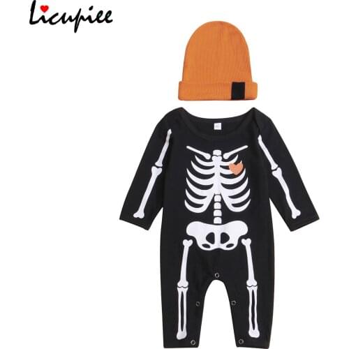 0-18 Months Bodysuits Baby Romper with Cap, Kids Boys Skeleton Print Round Neck Long Sleeve Jumpsuit+ Hat for Spring Fall