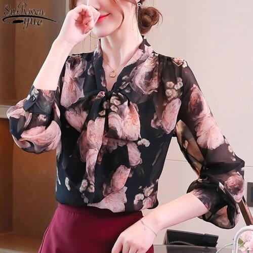 Korean Printed Womens Shirts New Autumn and Winter Long Sleeve Chiffon Blouse Bow V Collar Floral See Through Top Female 11401