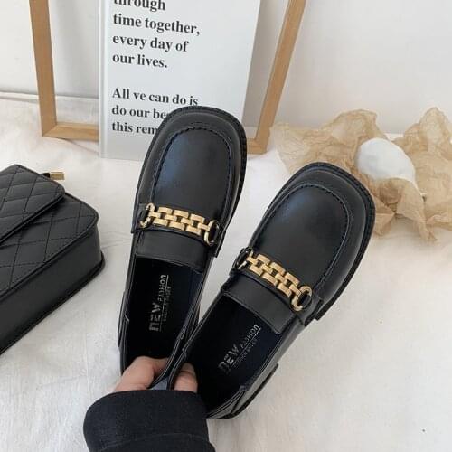 New Slip on Metal Chain Loafers Solid Leather Oxford Shoes for Women Shoes Woman Shoes Square Toe Platform Heels Casual Shoes